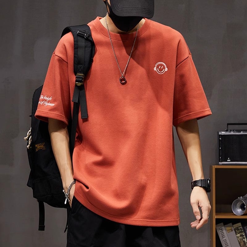 250g Heavy Short Sleeve T-shirt Men's Summer Fashion Brand Loose plus size Crewneck Smiley Printed Half Sleeve T-shirt Top - Image 1