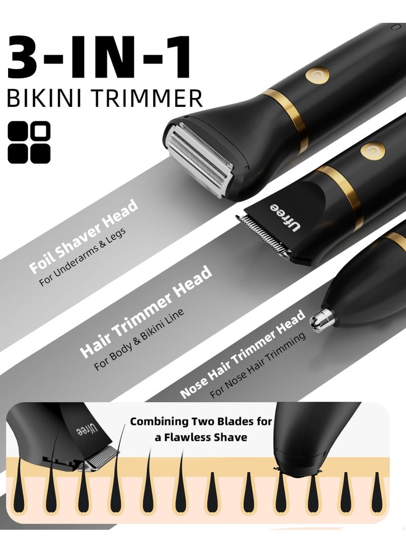 يو فري Ufree Body Hair Trimmer for Women, Manscape Pubic Hair Trimmer, 3 in 1 Body Grooming Kit for Lady, Waterproof Body Electric Shaver Razor, Grooming for Face and Body, Gifts for Women, Black - Image 2