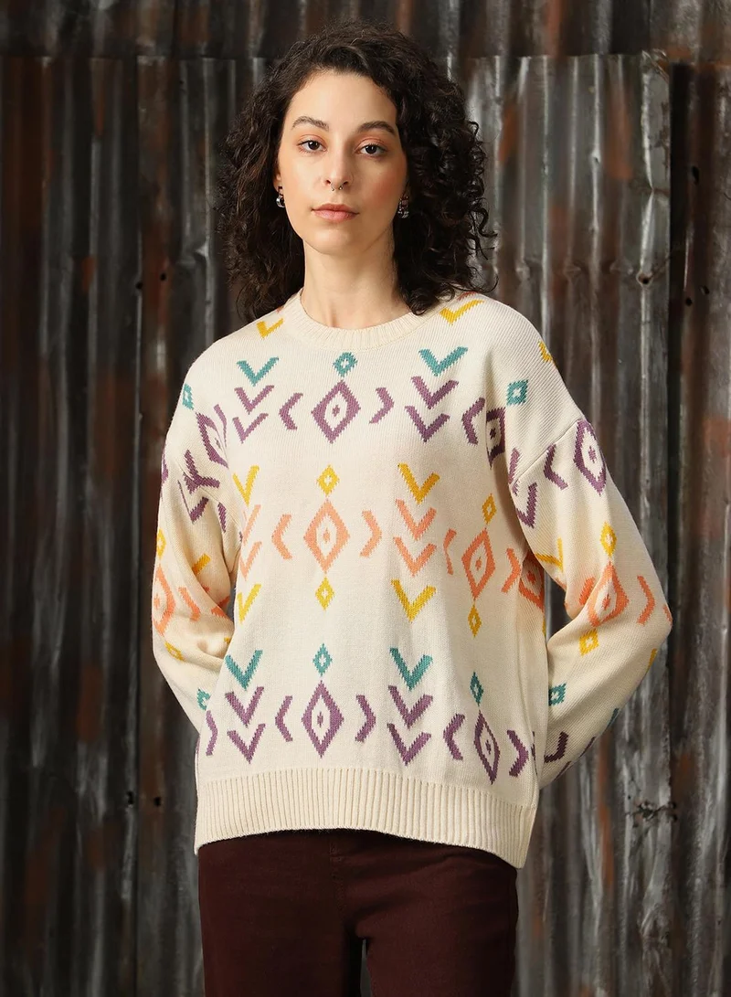 Women's Off White 100% Acrylic Solid Regular Fit Sweater