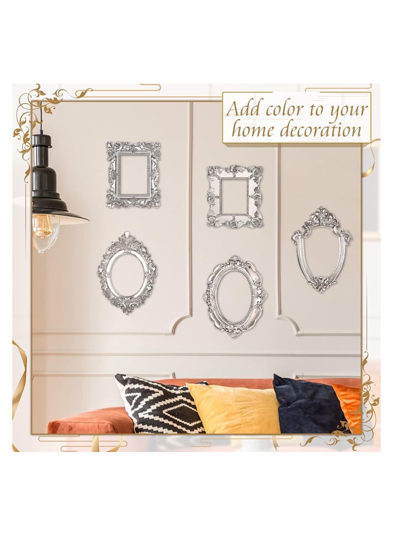 KASTWAVE 5 Pcs Vintage Resin Picture Frame, Antique Photo Resin Frame, Oval Rect Wall Hanging, Resin Jewelry Display Frame Photography Photo Frame DIY Photo Frame for Phone Photo Home Decoration (Silver) - Image 3