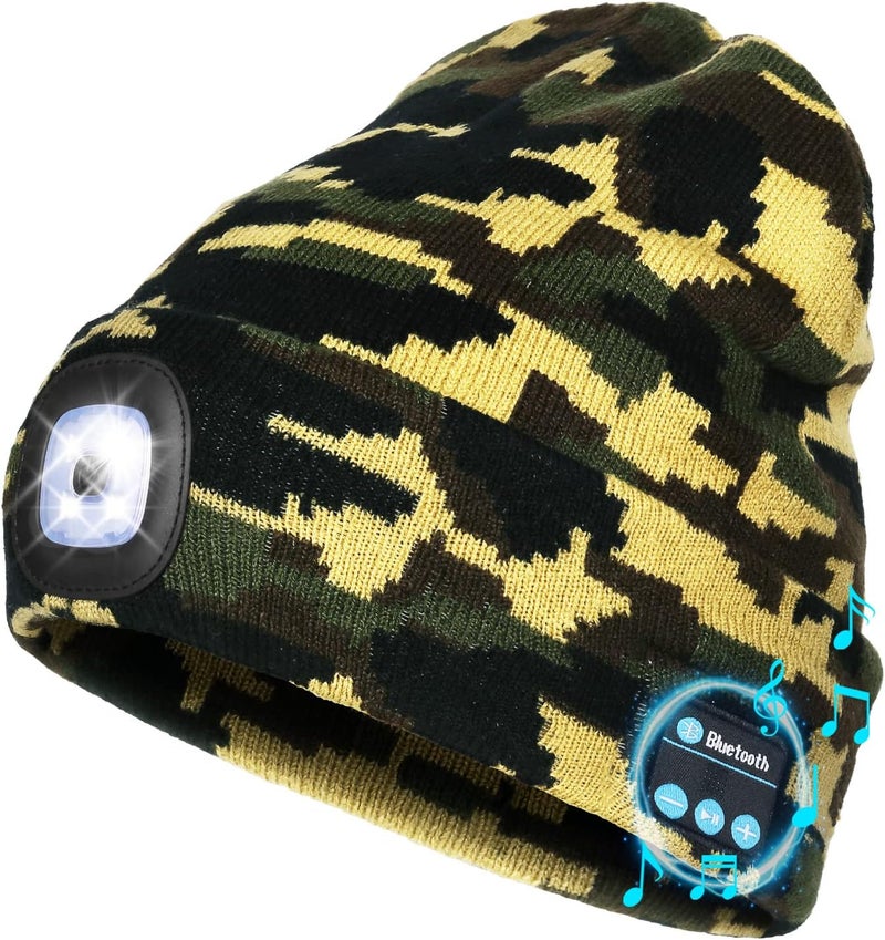 Wmcaps Bluetooth Beanie with a Light, Unisex USB Rechargeable 4 LED Fashlight Hat with Cordless Headphones, Unique Christmas Birthday Gifts for Men Him Husband Teen Camouflage Green - Image 1