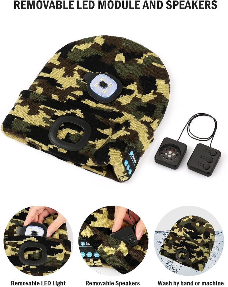 Wmcaps Bluetooth Beanie with a Light, Unisex USB Rechargeable 4 LED Fashlight Hat with Cordless Headphones, Unique Christmas Birthday Gifts for Men Him Husband Teen Camouflage Green - Image 2
