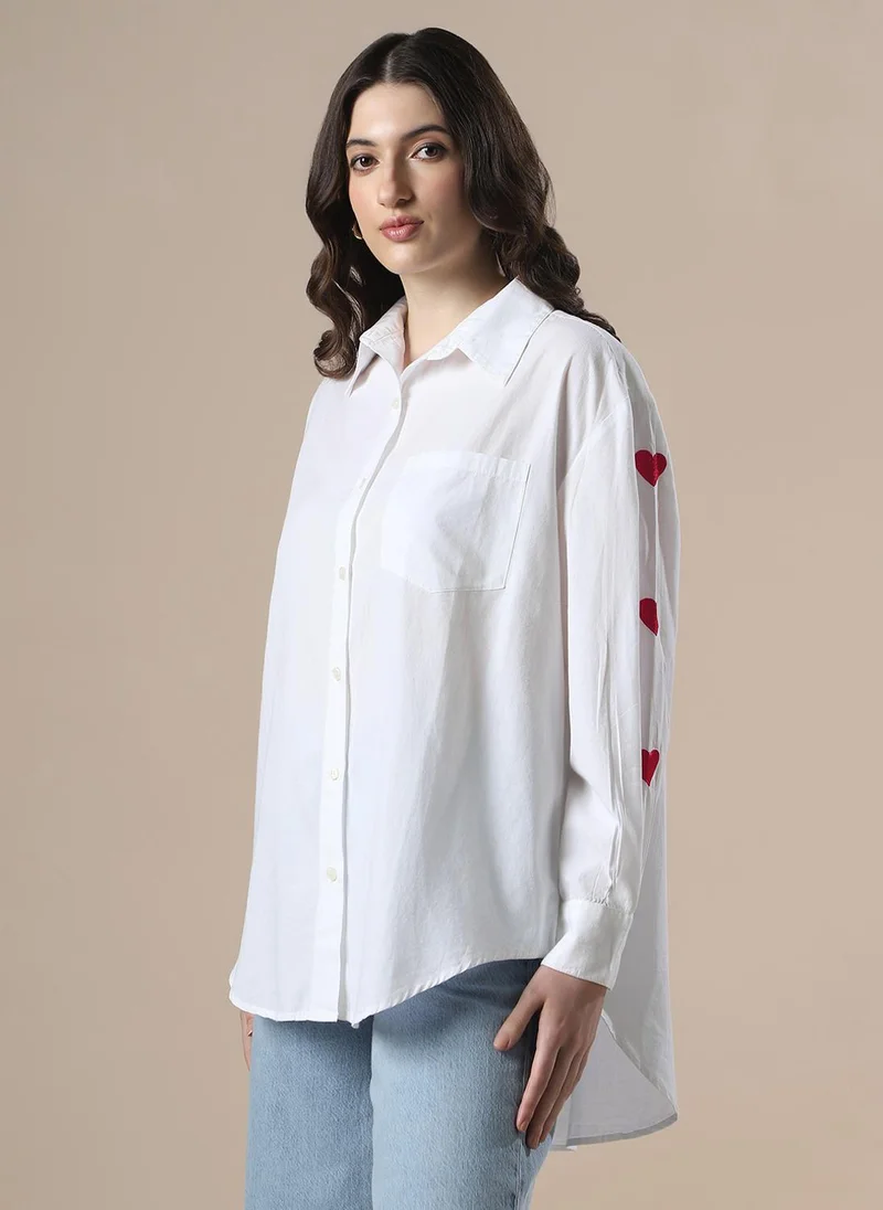 globus Globus Women White Collared Neck Embroidered Detail Cuffed Sleeves High-Low Hem Oversized Party Shirt
