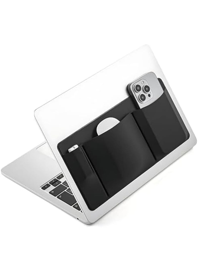 SYOSI Laptop Mouse Holder Stick-On, 3-Pocket Organizer for MacBook, External Hard Drive Sleeve, Slim & Minimalist Design for Peripherals, Durable Adhesive for Travel, Hot Desking, and Laptop Storage (Black) - Image 2