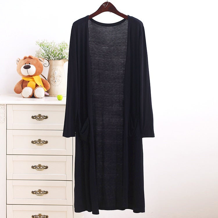 Spring and Summer Modal Long Pocket Cardigan Sun Protection Clothing Womens Casual Air-conditioning Shirt Long Thin Coat Outer Shawl Black