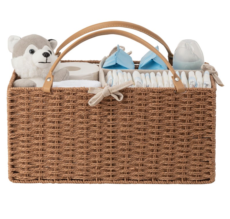 HBlife Baby Diaper Caddy Organizer Paper Rope Storage Baskets Nursery Bin with Removable Divider Portable Car Organizer for Diapers Baby Shower Gifts Newborn Essentials Must Haves
