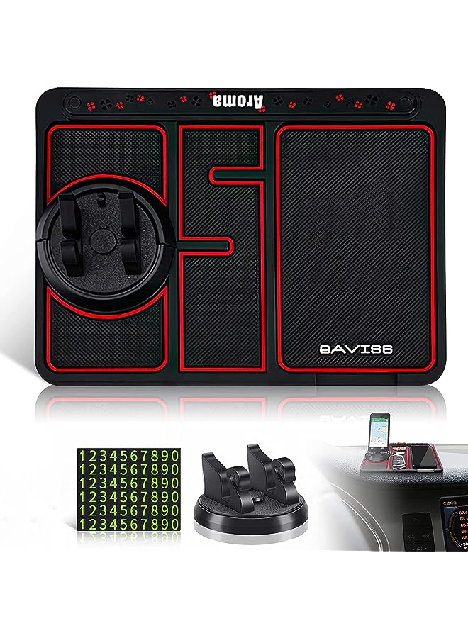 Goodern Car Non-Slip Phone Pad Set,4-in-1 Multifunction Phone Pad Non Slip Dashboard Mat with Digital Tag Anti-Slip&Shake Sticky Pads Phone Holder Cars 360 Degrees Rotating Phone Holder Mat-Red - Image 1