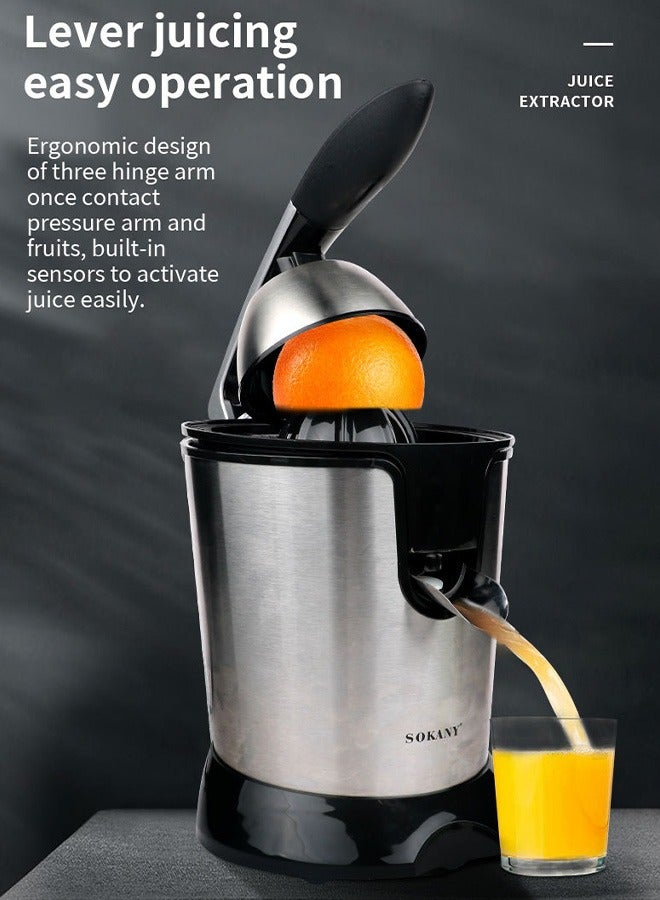 sokany Electric Citrus Juicer with High Juice Yield,Citrus Juicer Squeezer with Two Interchangeable Cones, Suitable for Orange, Lemon and Grapefruit, Brushed Stainless Steel, Easy to Clean and Use (Black+Silver)  - Image 3