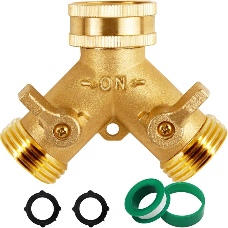 Triumpeek Brass Garden Hose Splitter, 3/4 Inch 2-Way Y Brass Hose Connector with O-ring Washers & Tape - Image 1