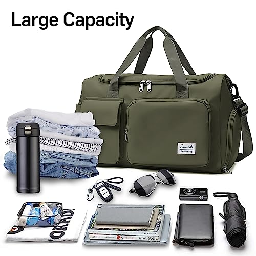Suruid Travel Duffel Bag with Shoes Compartment Sports Gym Bag with Dry Wet Separated Pocket for Men and Women, Overnight Bag Weekender Bag Training Handbag Yoga Bag - Olive Green - Image 4