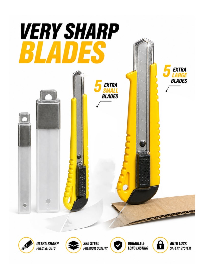 Utility Knife Cutter Set 2PCS with Extra Blades – Small & Large Sharp Box Cutters with Auto-Lock Design, 5 Extra Blades for Each Size, Precision Cutting Tools for Cardboard, Paper, DIY & Office Use - Image 3