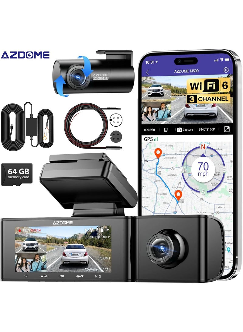 AZDOME 3 Channel WiFi 6 Dash Camera for Cars, 2.5K+1080P+1080P Dash Cam Front and Rear Inside, 3.18" IPS Screen Car Camera with Parking Hardwire Kit/20ft Extension Cable, GPS, IR Night Vision, WDR, 64GB Card - Image 1
