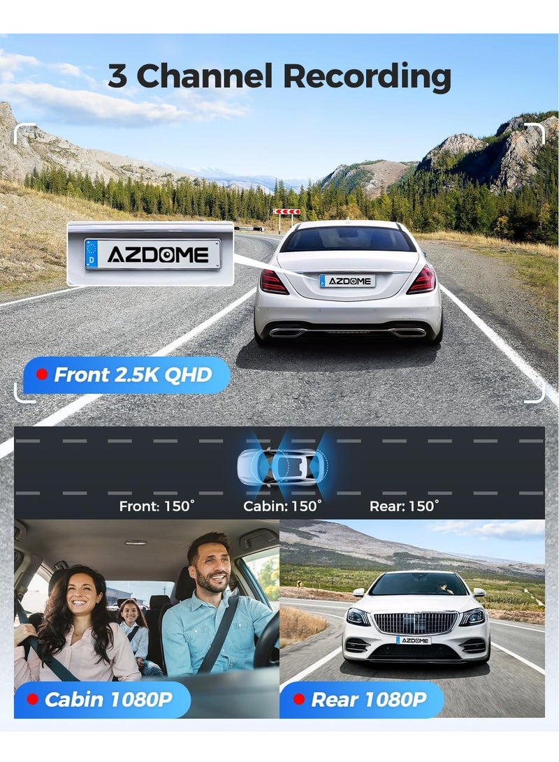 AZDOME 3 Channel WiFi 6 Dash Camera for Cars, 2.5K+1080P+1080P Dash Cam Front and Rear Inside, 3.18" IPS Screen Car Camera with Parking Hardwire Kit/20ft Extension Cable, GPS, IR Night Vision, WDR, 64GB Card - Image 2