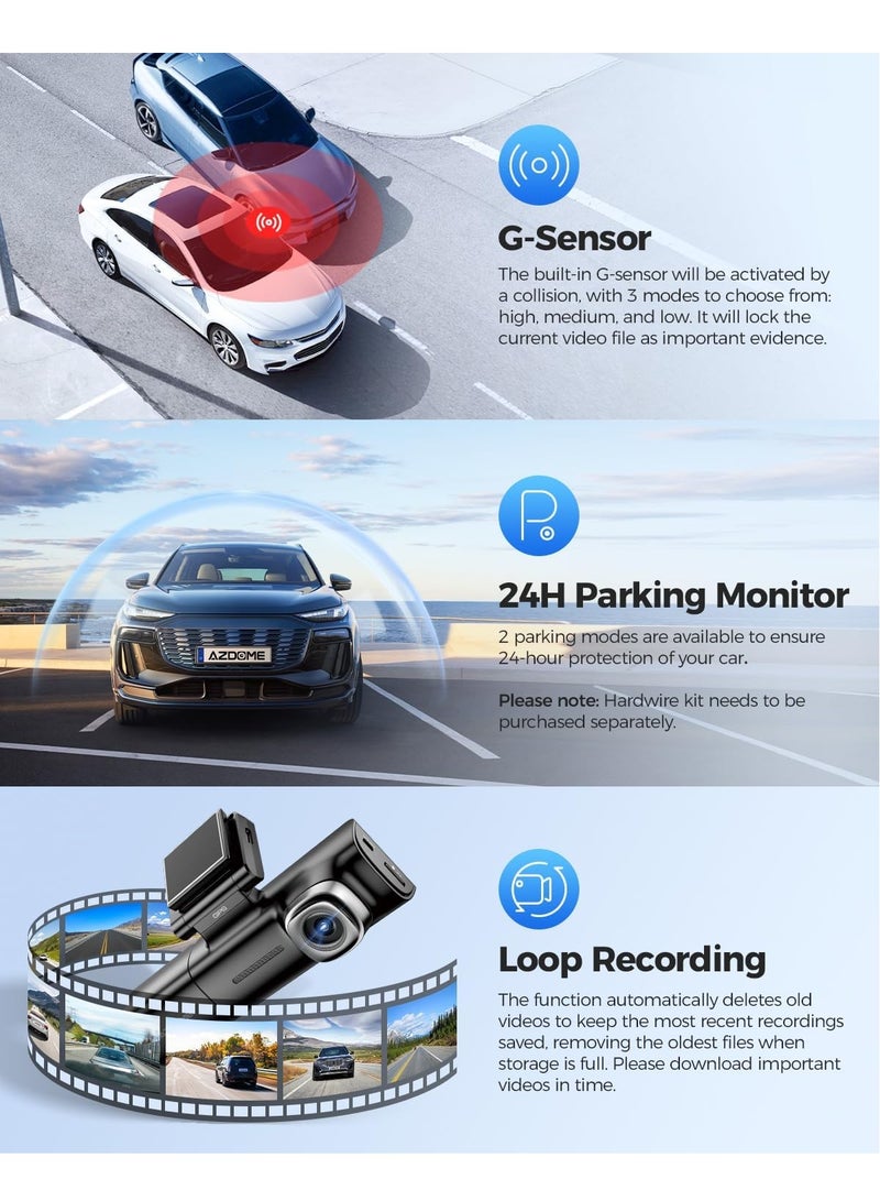 AZDOME 3 Channel WiFi 6 Dash Camera for Cars, 2.5K+1080P+1080P Dash Cam Front and Rear Inside, 3.18" IPS Screen Car Camera with Parking Hardwire Kit/20ft Extension Cable, GPS, IR Night Vision, WDR, 64GB Card - Image 5