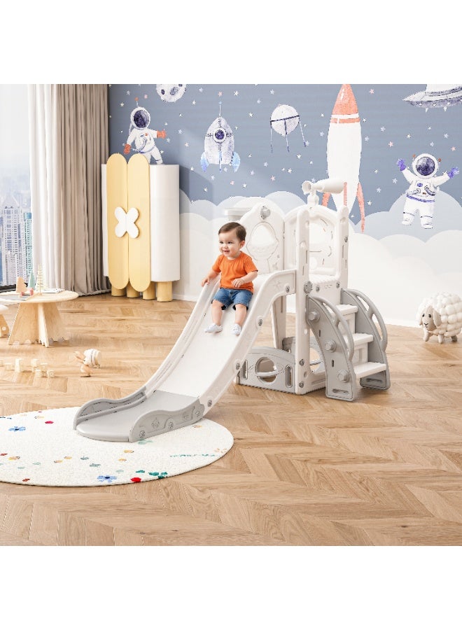 HAVERTYS 6-in-1 Toddler Slide and Climber Playset with Basketball Hoop, Storage & Telescope,Extra Long Indoor Outdoor Slide for Kids Playground White - Image 1