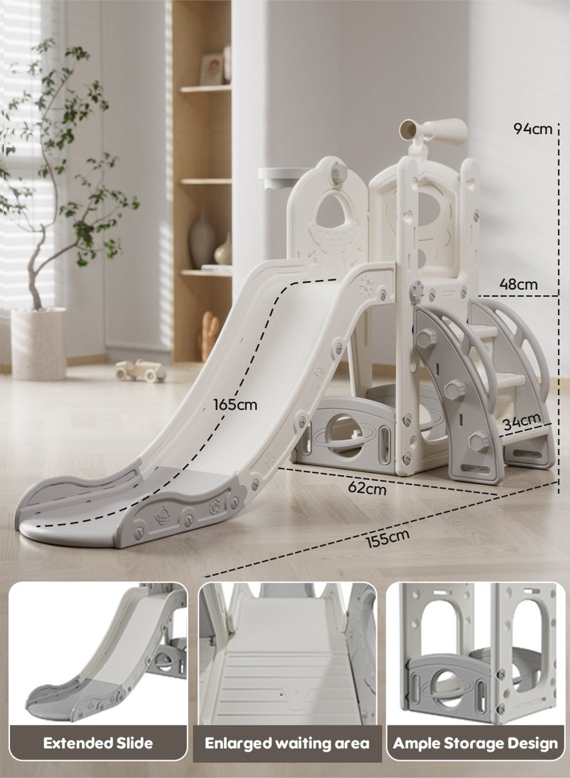 HAVERTYS 6-in-1 Toddler Slide and Climber Playset with Basketball Hoop, Storage & Telescope,Extra Long Indoor Outdoor Slide for Kids Playground White - Image 4