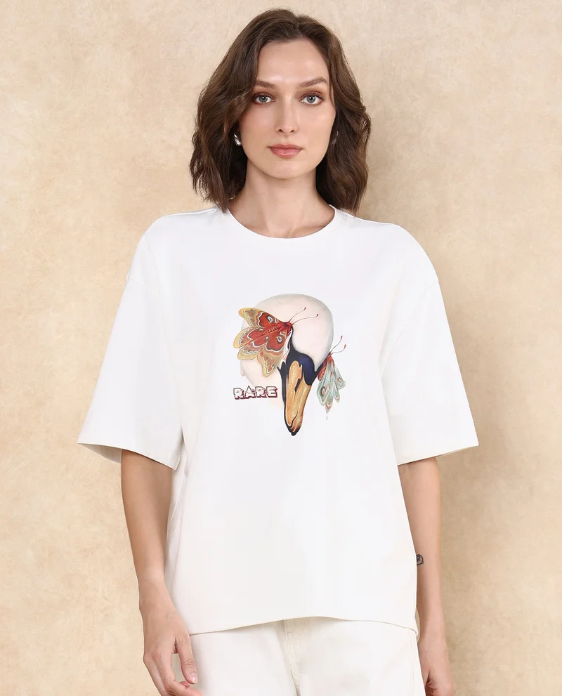 Rareism Women's Swan Printed Oversized T-Shirt