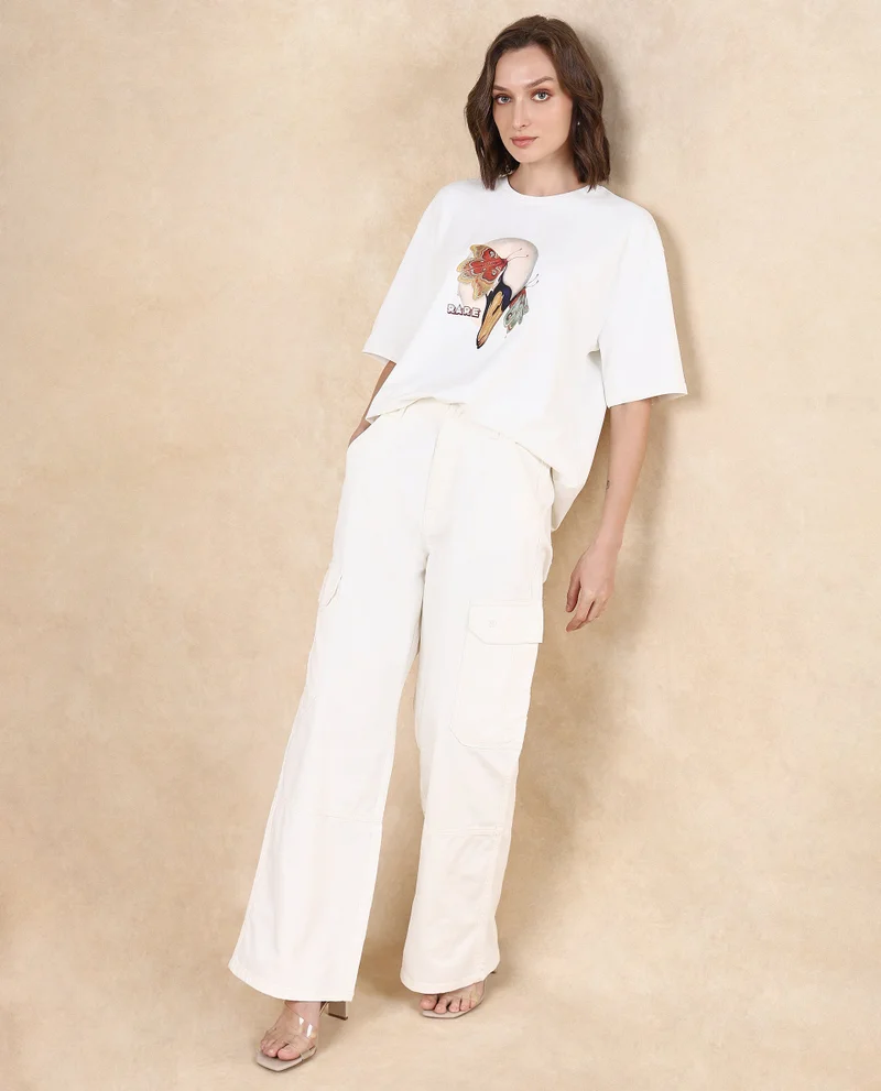 Rareism Women's Swan Printed Oversized T-Shirt