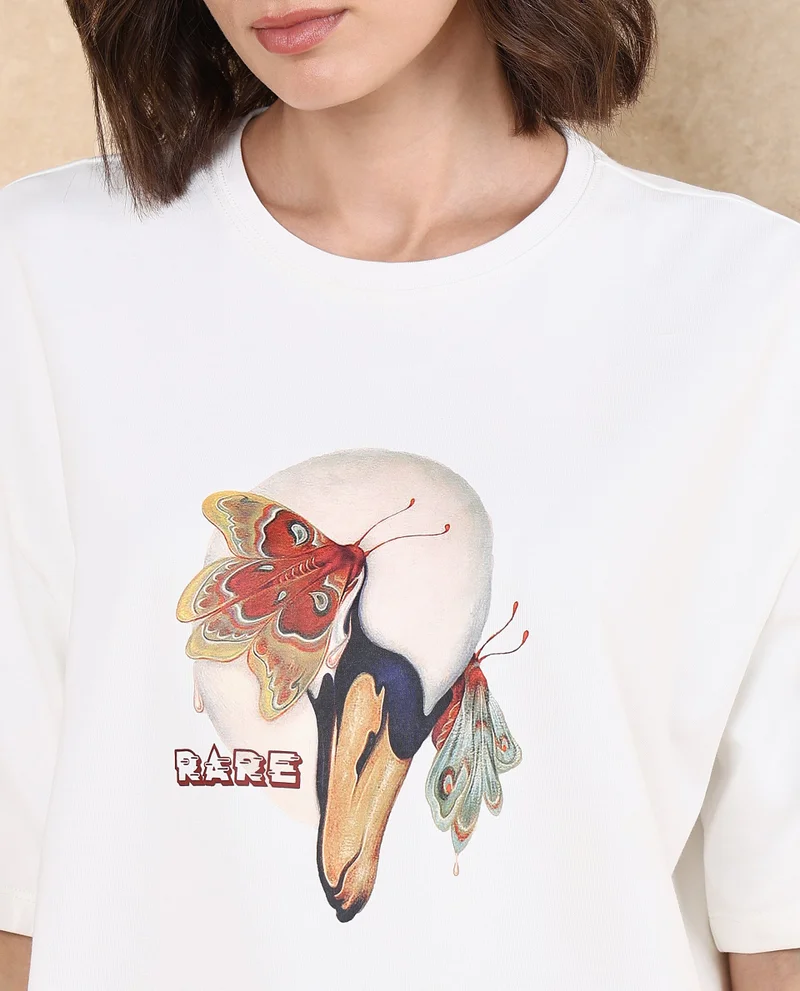 Rareism Women's Swan Printed Oversized T-Shirt