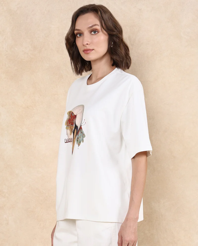Rareism Women's Swan Printed Oversized T-Shirt