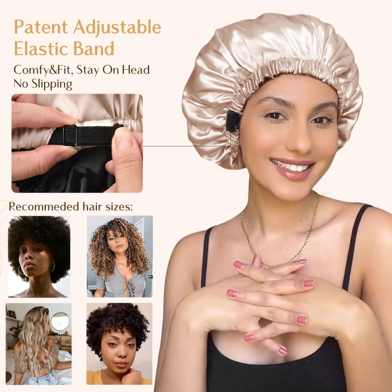 YANIBEST Adjustable Satin Bonnet Double Layer Hair Bonnet for Sleeping Bonnets for Women Hats Curly Natural Hair, Champagne - Image 3