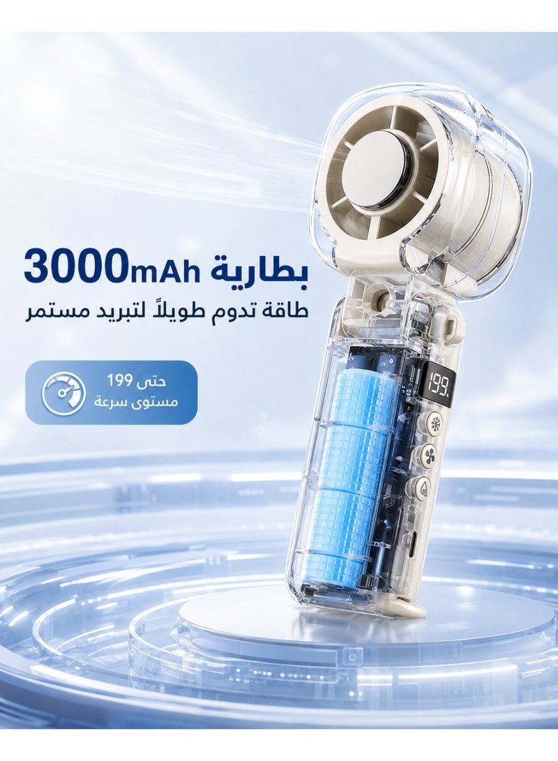 مروحة يدوية، مروحة تبريد محمولة قابلة لإعادة الشحن مع رذاذ ومسطح تبريد بارد، مروحة شخصية USB-C مع شاشة LED وبطارية 3000mAh للاستخدام الخارجي والسفر والمكتب والصيف، أبيض - Image 4