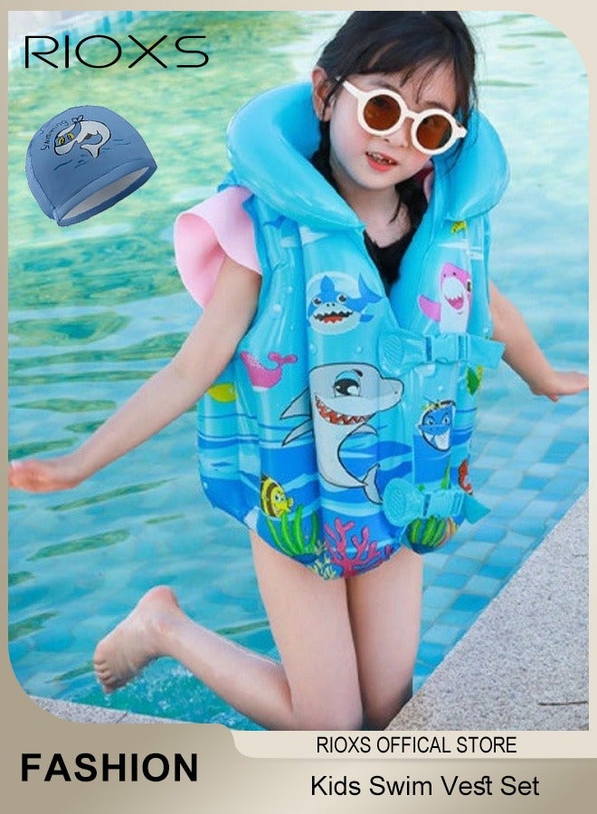 Kids Swimming Set, Swim Vest And Swimming Cap For Boys And Girls,High Buoyancy Vest Inflatable Swimsuit Vest,Comfy Swimming Cap,For 2-9 Year Beginner Baby Children Sea Beach Pool