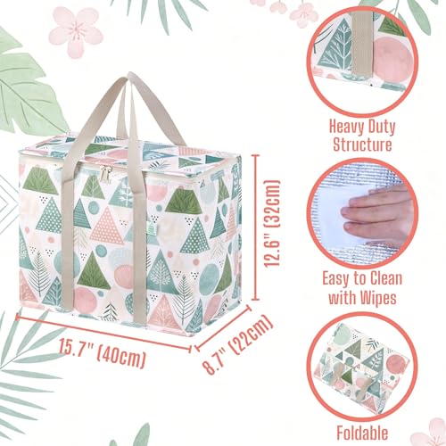 VENO 2 Pack Insulated Cooler Bag Reusable Grocery Shopping Bag, Food Delivery, Heavy Duty, Large Size, Durable Handles, Double Zippers, Lid, Collapsible (Pastel Forest, 2 Pack) - Image 2