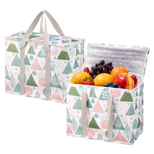 VENO 2 Pack Insulated Cooler Bag Reusable Grocery Shopping Bag, Food Delivery, Heavy Duty, Large Size, Durable Handles, Double Zippers, Lid, Collapsible (Pastel Forest, 2 Pack) - Image 1