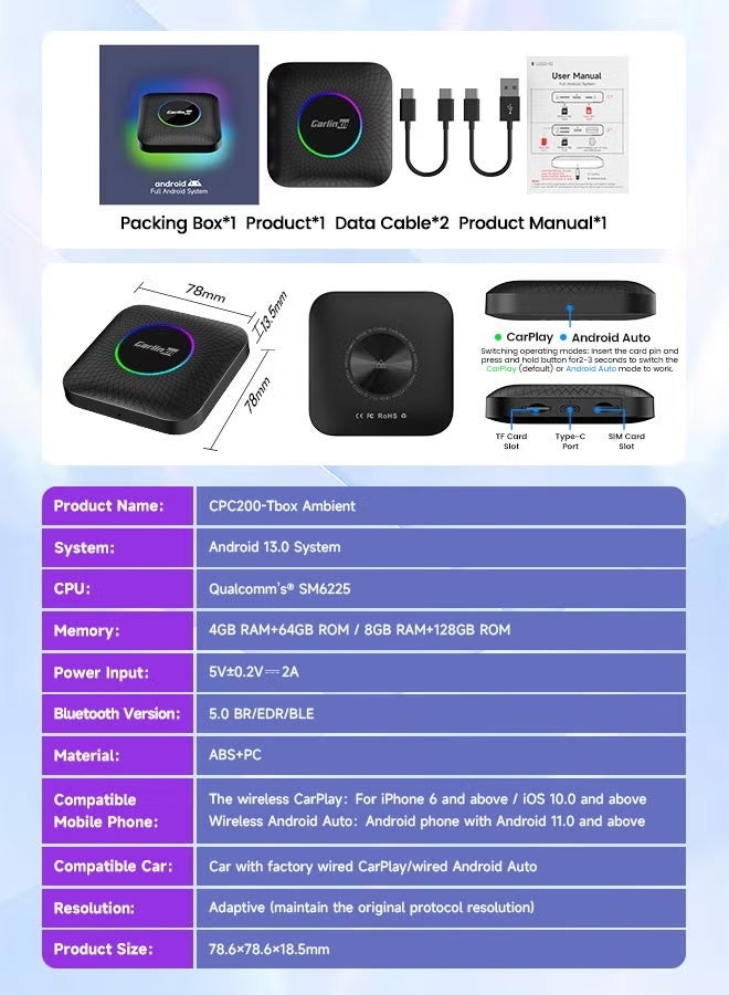Carlinkit LED CarPlay Android 13 8GB+128GB Smart Systems Ambient AIBox QCM6225 Wireless Android Auto Wireless CarPlay Youtube Netflix 4G LTE for 98% Cars Mazda Toyota Hyundai Audi - Image 3