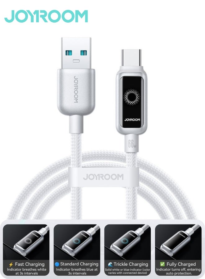 StarLight Series 66W USB-A to USB-C Fast Charging Cable – Auto Power-Off Smart Chip USB A TO USB C, LED Charge Status, Zinc-Alloy Connectors & 48-Strand Nylon Braid, 1.2m – Durable 10k+ Plug Cycles, 480Mbps Data - Engineered for your Phone's Safety Pearl White