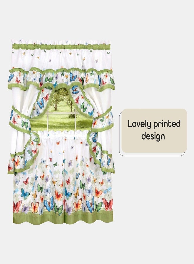 أكيم طقم ستائر نوافذ ACHIM مطبوع بنمط ريفي - عرض 57 بوصة، طول 36 بوصة - فراشات خضراء - بوليستر ناعم. يشمل الطقم ستارة علوية، وشرائط متدلية، وربطات، وستائر من طبقتين. ديكور منزلي أنيق. - Image 3