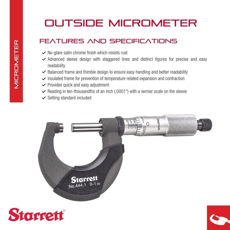 Starrett Starrett Outside Micrometer with Advanced Sleeve Design Satin Chrome Finish and Insulated Frame  Quick and Easy Adjustment 01 Range 0001 Graduations  T4441XRL1  - Image 2