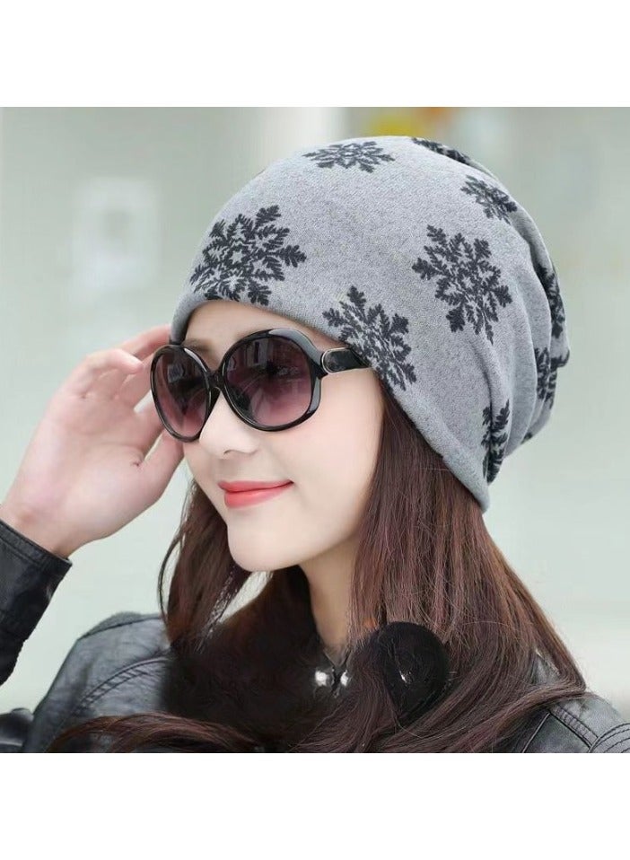 AROAQ Women Casual Beanies Hat, Autumn And Winter Comfortable Twist Hat Bib For Women, Soft Stretchy Women Knit Cap, Warm Neck Sheath Head Hat For Women Girls Teens,(Gray Snowflake) - Image 1