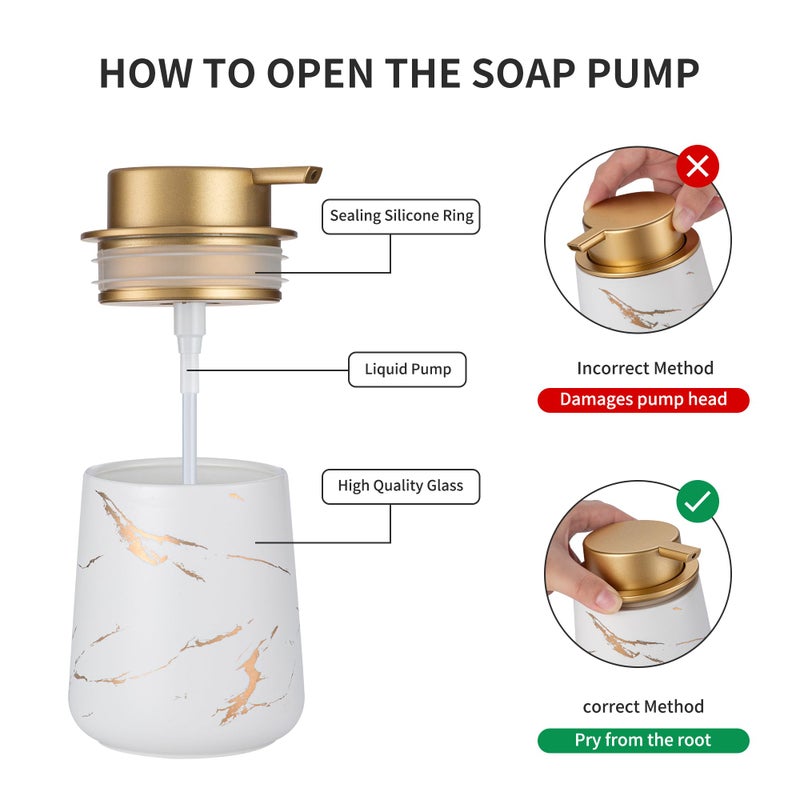 Enra Ceramic Gold Soap Dispenser,12 oz Marble Hand Liquid Soap Dispenser for Bathroom Kitchen Dispenser for Dish Soap with Easy-to-Press(Glod Liquid Type2) - Image 3