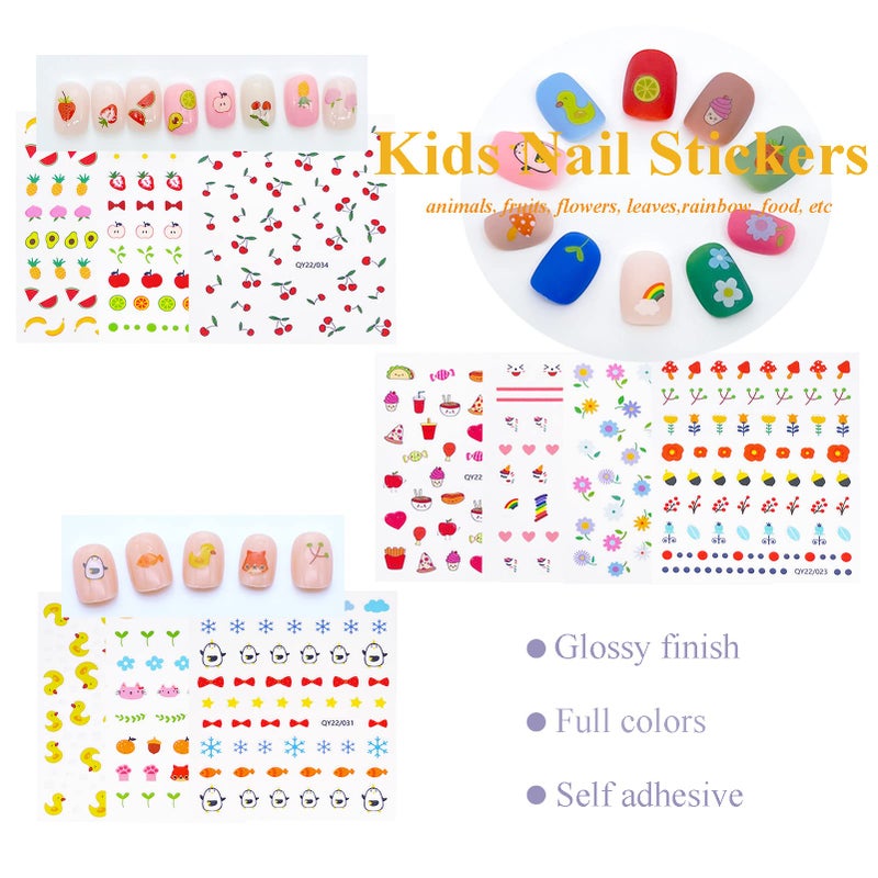 IHUKEIT 10 Sheets Cute Nail Stickers for Kids Including Animals Fruits Flowers Food Rainbow Leaves Designs Self Adhesive Nail Decals for Little Girls Women Nail Art Decoration Fun - Image 4