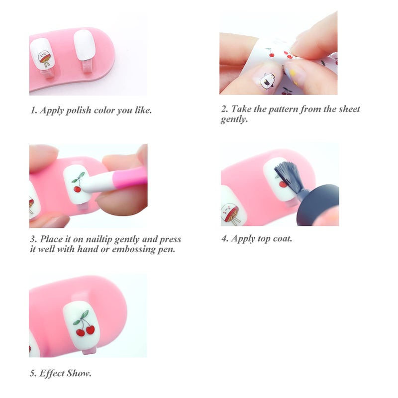 IHUKEIT 10 Sheets Cute Nail Stickers for Kids Including Animals Fruits Flowers Food Rainbow Leaves Designs Self Adhesive Nail Decals for Little Girls Women Nail Art Decoration Fun - Image 5
