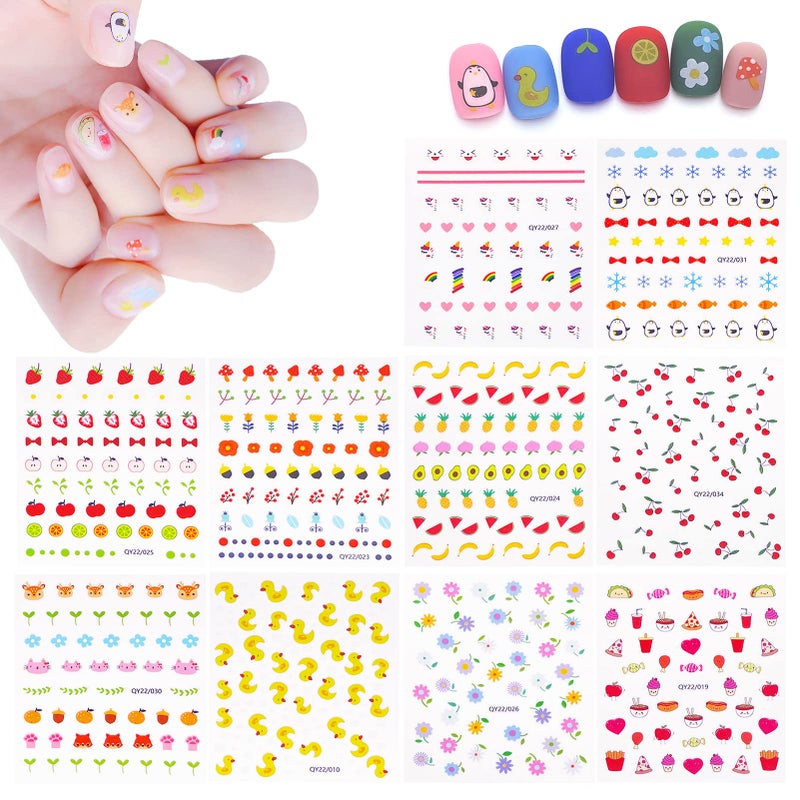 IHUKEIT 10 Sheets Cute Nail Stickers for Kids Including Animals Fruits Flowers Food Rainbow Leaves Designs Self Adhesive Nail Decals for Little Girls Women Nail Art Decoration Fun - Image 1