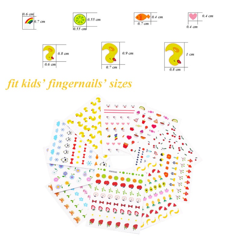 IHUKEIT 10 Sheets Cute Nail Stickers for Kids Including Animals Fruits Flowers Food Rainbow Leaves Designs Self Adhesive Nail Decals for Little Girls Women Nail Art Decoration Fun - Image 3