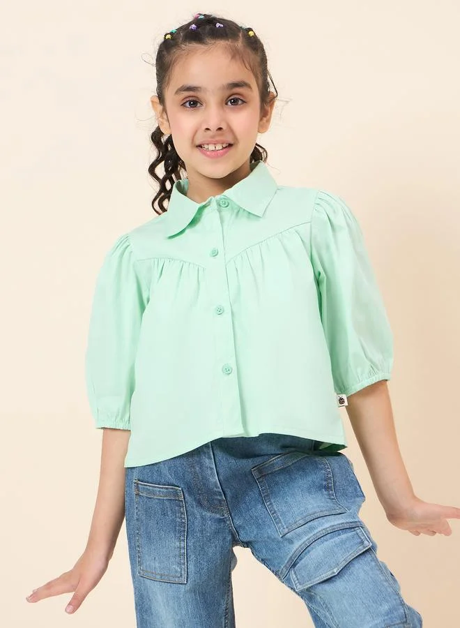 Stylo Bug Girls Green Cotton Puff Sleeve Top