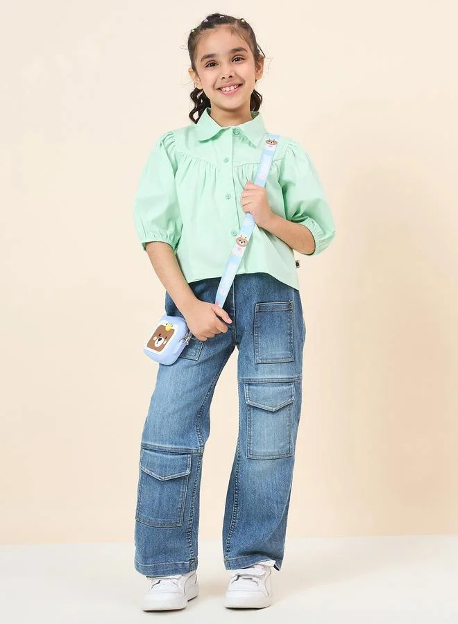 Stylo Bug Girls Green Cotton Puff Sleeve Top