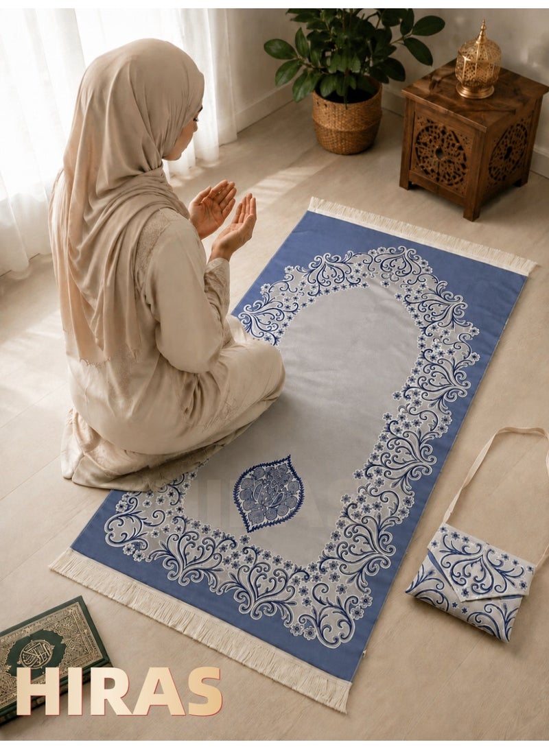 Hiras Prayer Mat Muslim Prayer Rug with Portable Bag, Water Proof Soft Fabric Foldable Prayer Mat 110*70 cm Blue - Image 1
