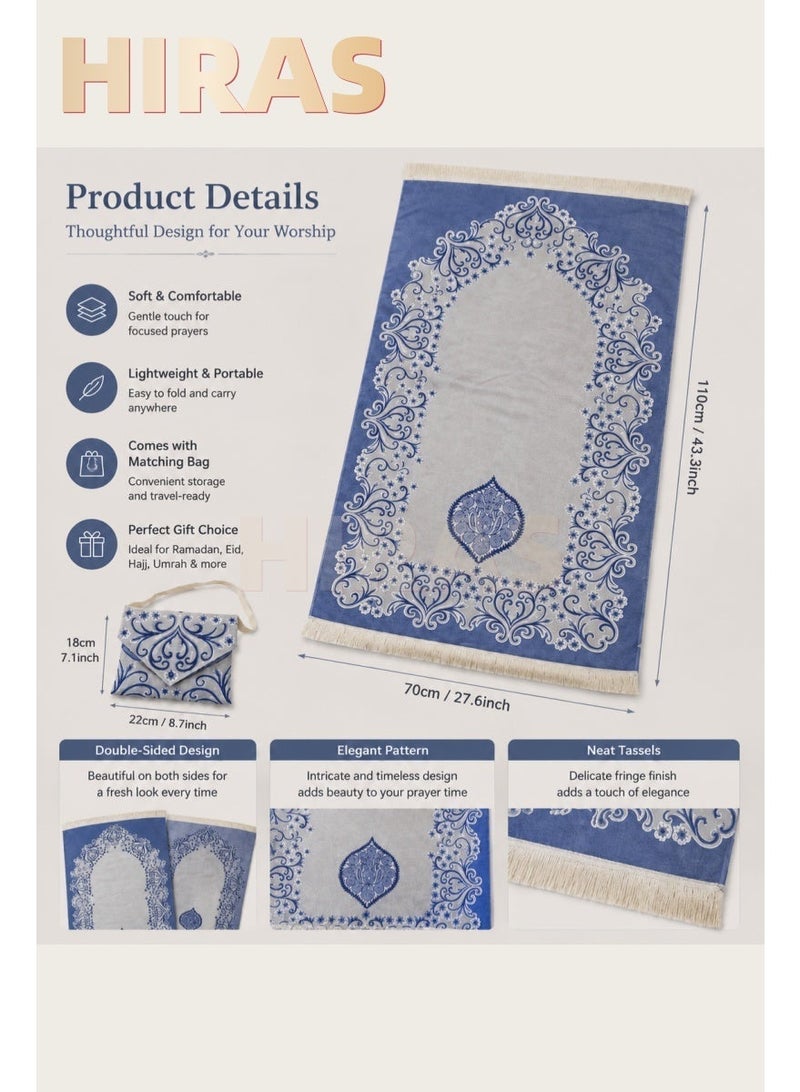 Hiras Prayer Mat Muslim Prayer Rug with Portable Bag, Water Proof Soft Fabric Foldable Prayer Mat 110*70 cm Blue - Image 2