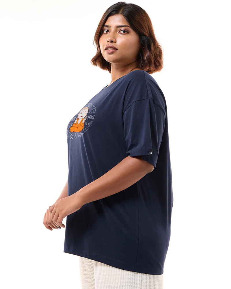bewakoof Women's Navy Blue Inner Peace Graphic Printed Oversized Plus Size T-shirt
