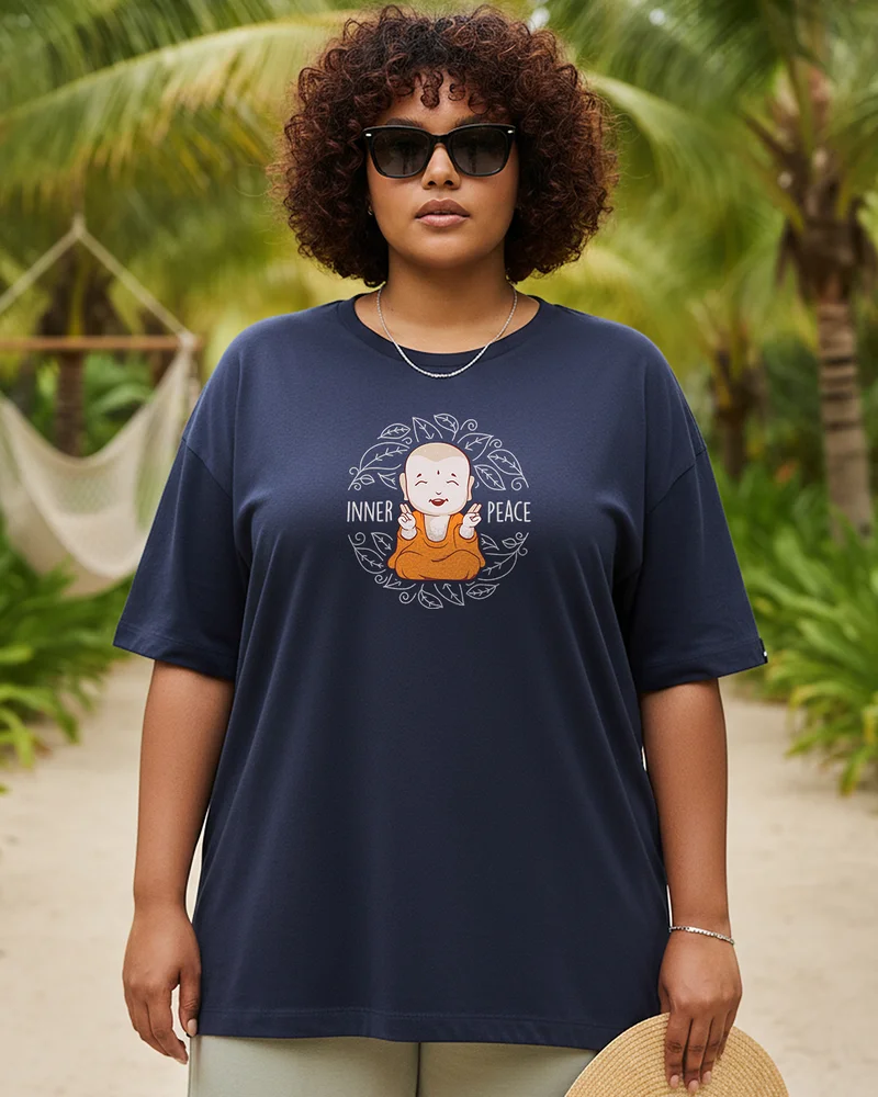 bewakoof Women's Navy Blue Inner Peace Graphic Printed Oversized Plus Size T-shirt