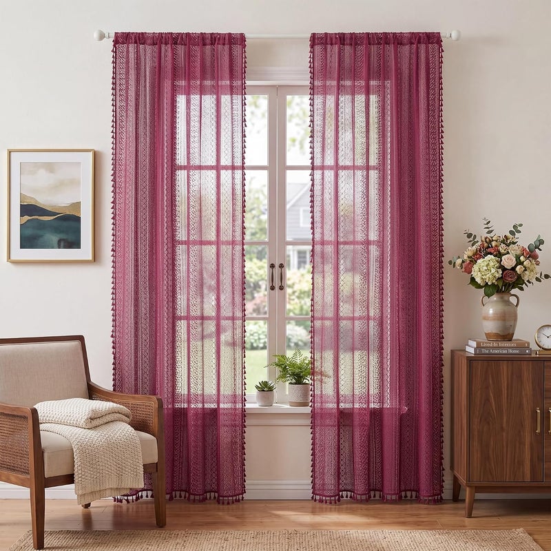 WAZZIO Burgundy Sheer Curtains 84 Inches Long 2 Panel Cotton Blend Crochet Lace Curtain Tassel Rod Pocket Semi Sheer Light Filtering Boho Curtains for Bedroom Living Room Window Drapes Maroon Red - Image 5