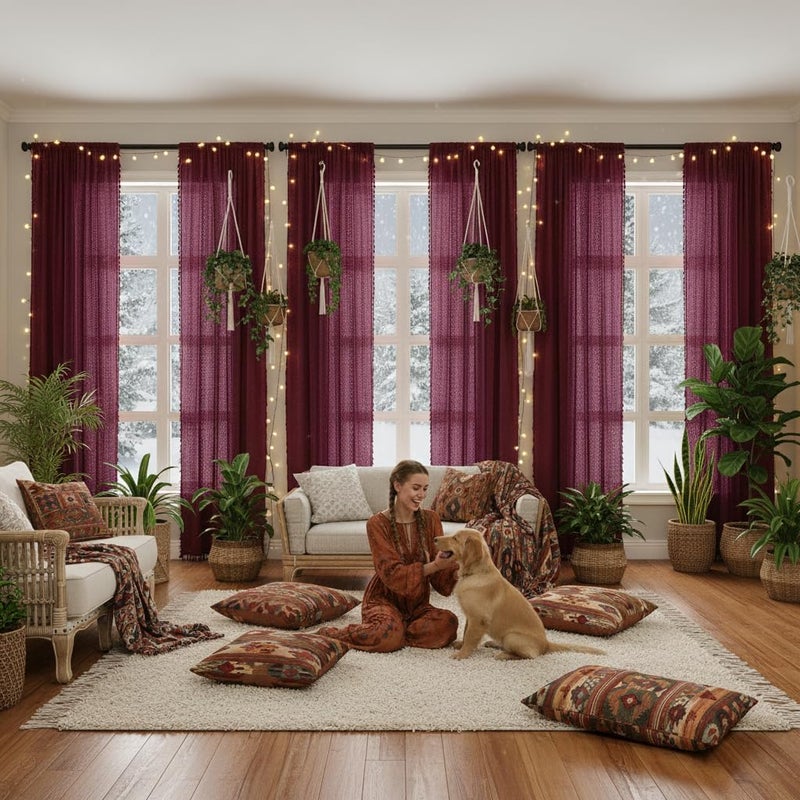 WAZZIO Burgundy Sheer Curtains 84 Inches Long 2 Panel Cotton Blend Crochet Lace Curtain Tassel Rod Pocket Semi Sheer Light Filtering Boho Curtains for Bedroom Living Room Window Drapes Maroon Red - Image 4