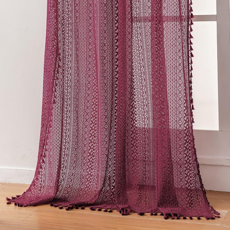 WAZZIO Burgundy Sheer Curtains 84 Inches Long 2 Panel Cotton Blend Crochet Lace Curtain Tassel Rod Pocket Semi Sheer Light Filtering Boho Curtains for Bedroom Living Room Window Drapes Maroon Red - Image 1