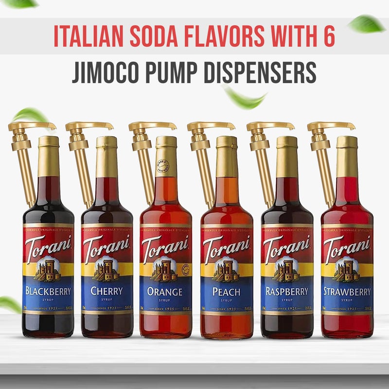 Torani Jimoco Syrup Pump & Torani Syrup Bundle - Fruit Bowl Syrup 6 Pack Summer Flavors, Raspberry, Strawberry, Blackberry, Cherry, Orange and Peach - For Italian Soda Coffee, Lattes, Frappes With 6 Pump Dispensers - Image 2