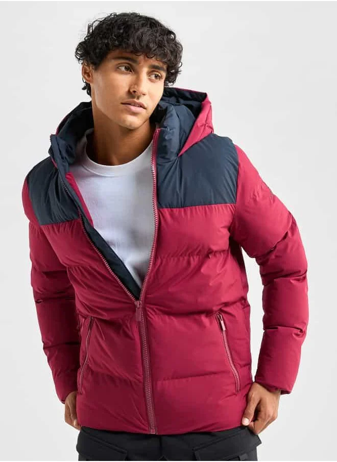 FAV Colourblock Puffer Jacket with Hood and Long Sleeves